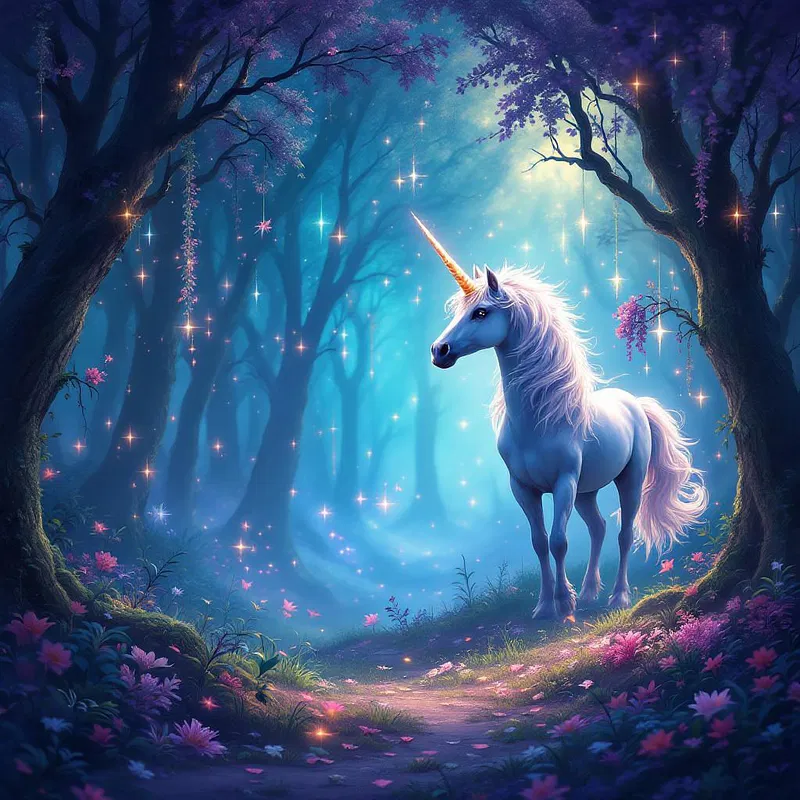 Fantasy book cover with enchanted forest and unicorn