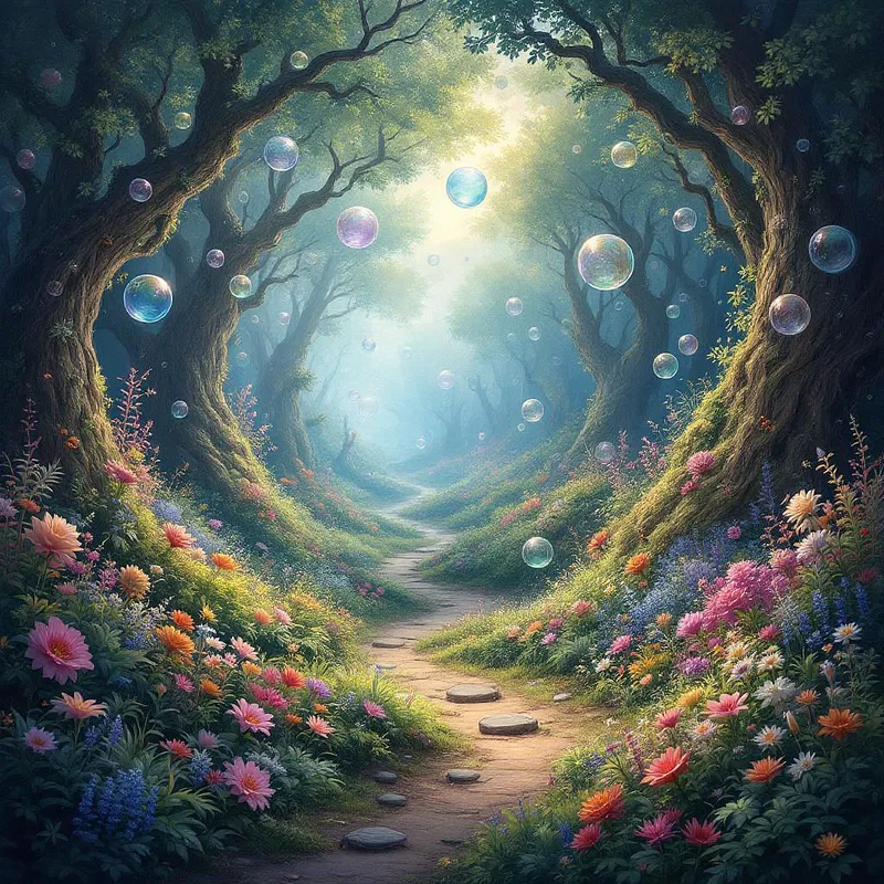 Whimsical dream forest with floating bubbles