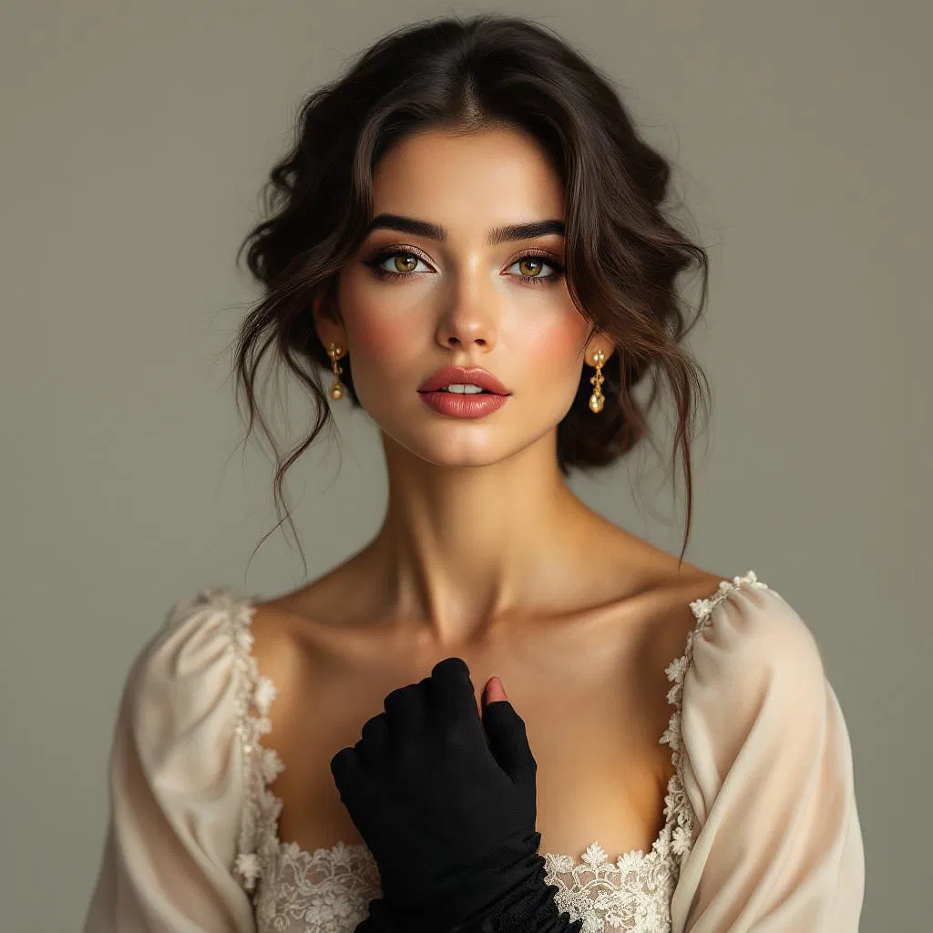 Elegant hyperrealistic portrait of a woman in classic attire.