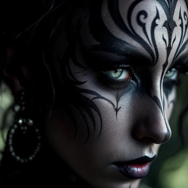 Mystical tribal face paint with dark hues