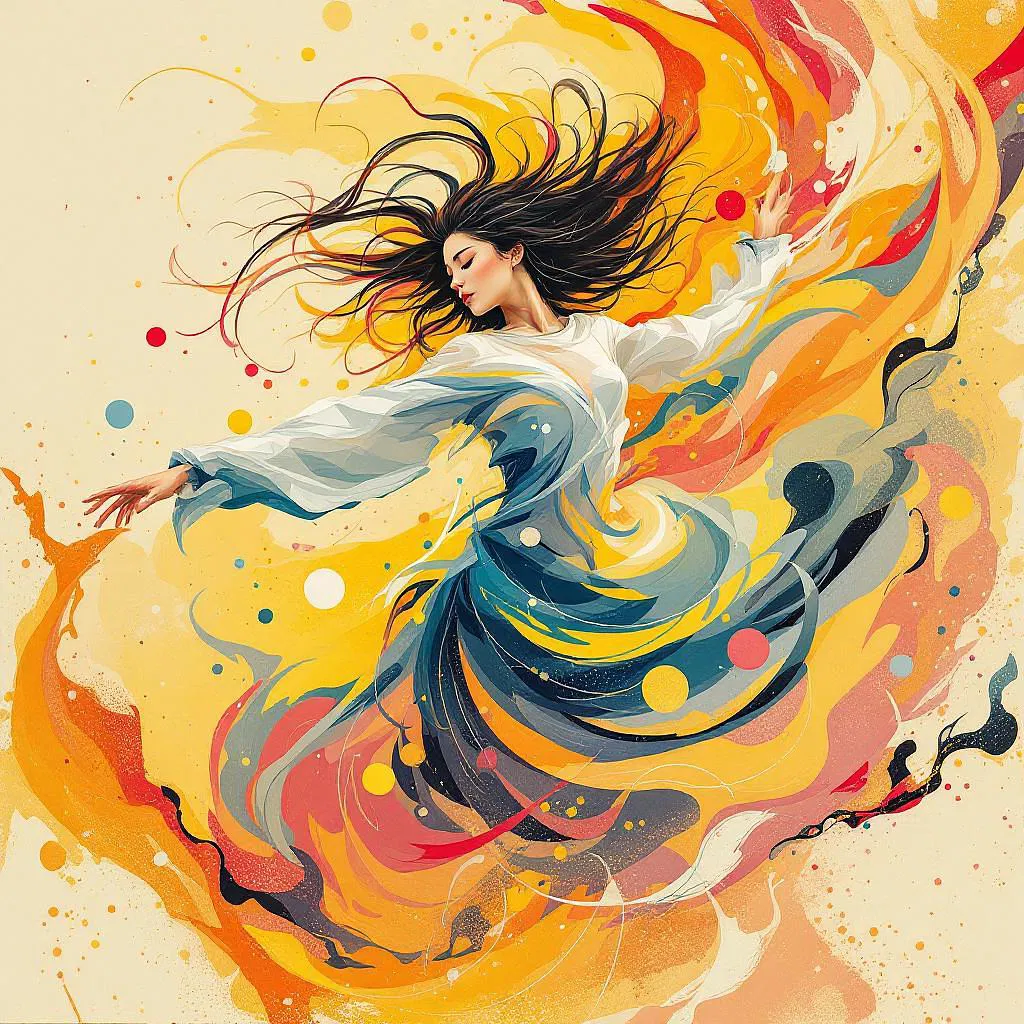 Abstract depiction of an Asian woman in motion