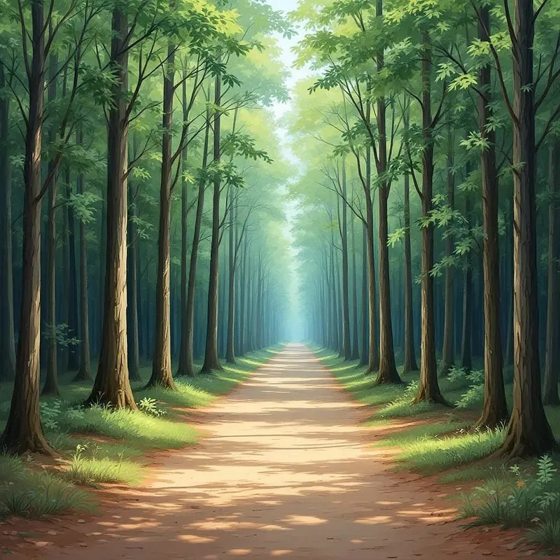 AI-generated oil painting of a calm forest pathway