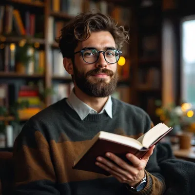 AI-created profile image of a man with glasses and books