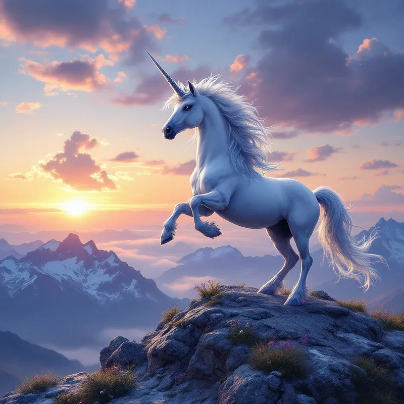 A mystical unicorn standing on a mountaintop at dawn.