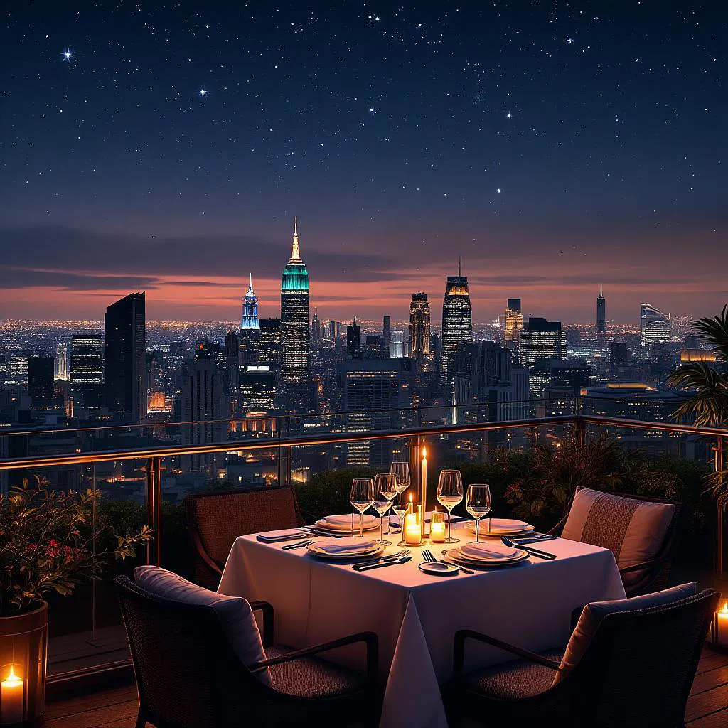 AI-generated image of an elegant city rooftop dinner