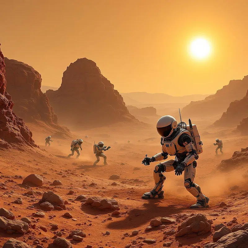 Mars exploration scene with robots