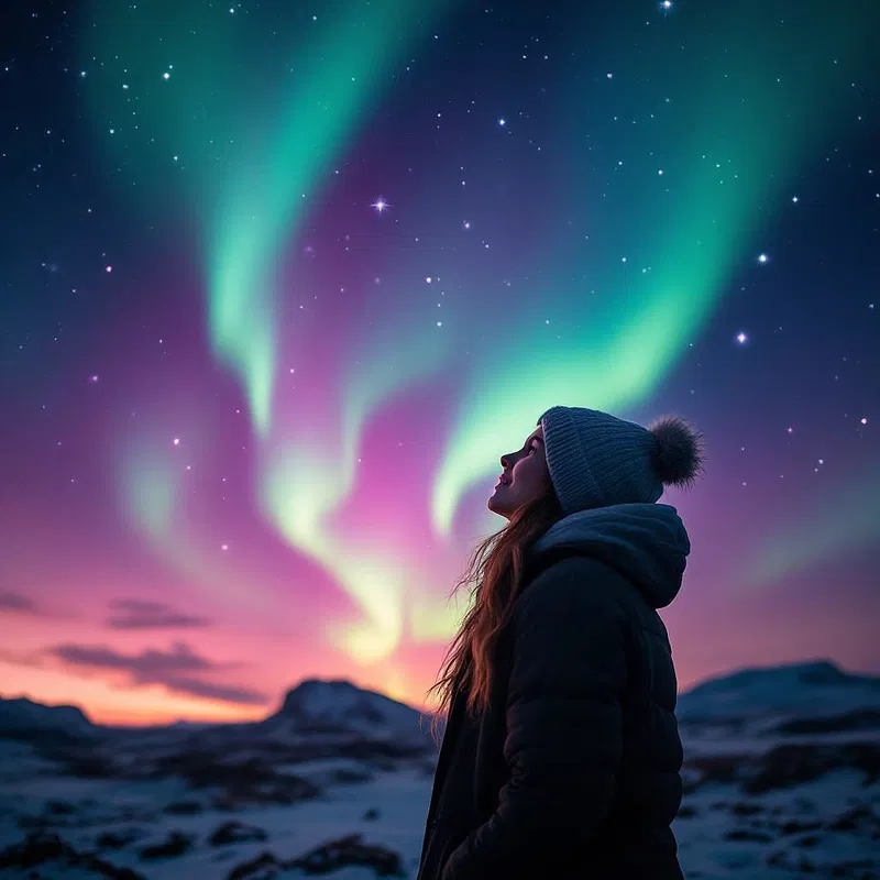 Scandinavian woman gazing at the northern lights