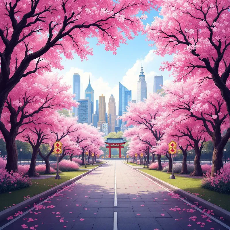 City skyline with cherry blossom trees.