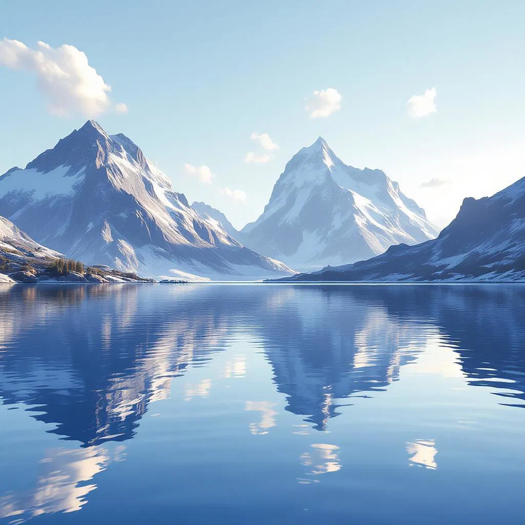 Mountains reflected over a clear lake