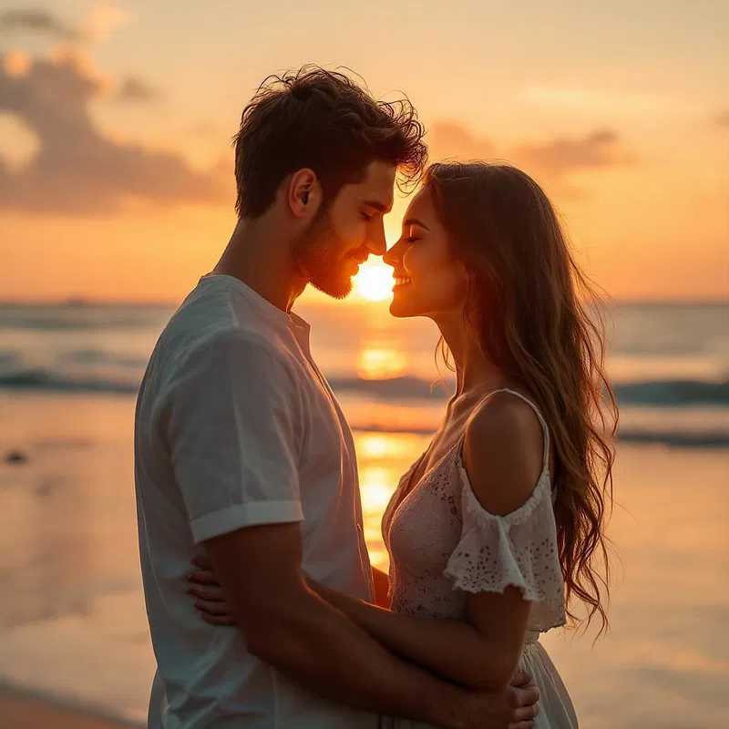 Stylish AI couple enjoying sunset at the beach