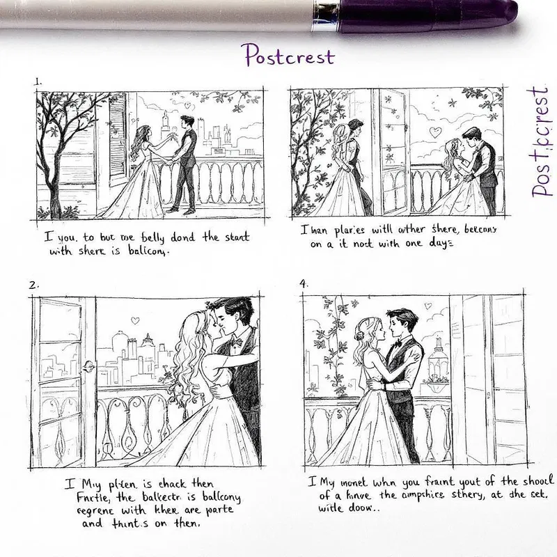 Storyboard sketch of a romantic scene with Postcrest