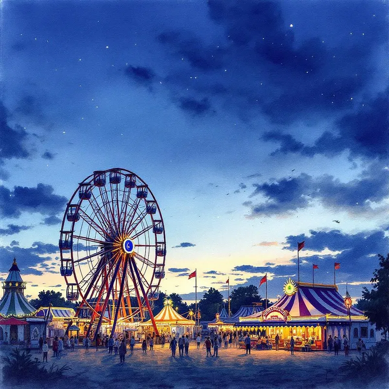 AI-generated watercolor of a carnival at dusk