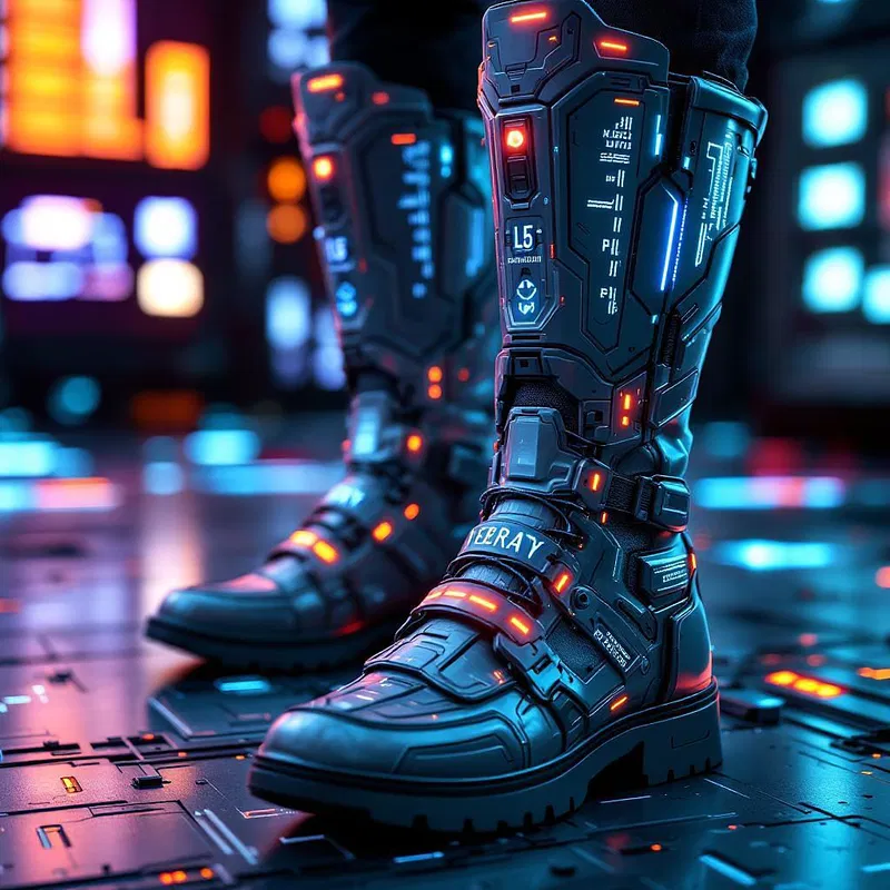 Close-up of cyberpunk boots with digital inscriptions.