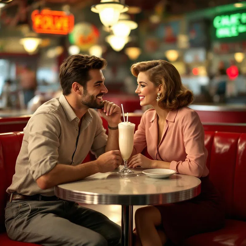 Couple sharing a milkshake in a 1950s diner