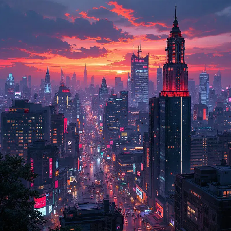 Cyberpunk cityscape under a twilight glow