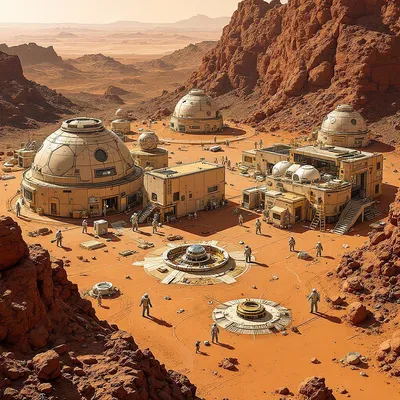 Mars base with astronauts