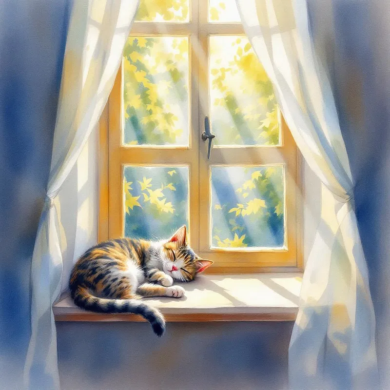 AI watercolor painting of a cat in a sunlit window