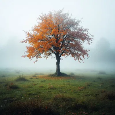 Misty autumn morning with a lone tree