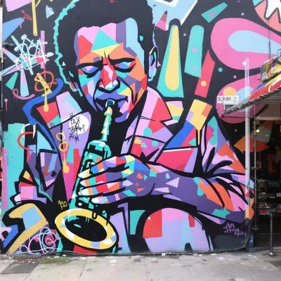 Graffiti art of a jazz musician playing saxophone