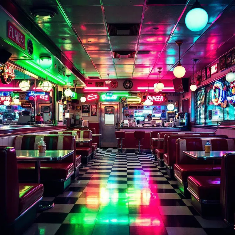 Retro diner scene with neon lights