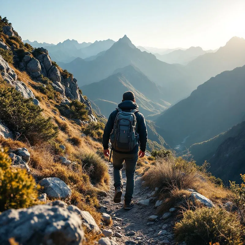 Backpacker digital nomad hiking a mountain trail