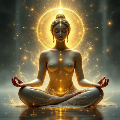 Serene meditative figure surrounded by glowing aura