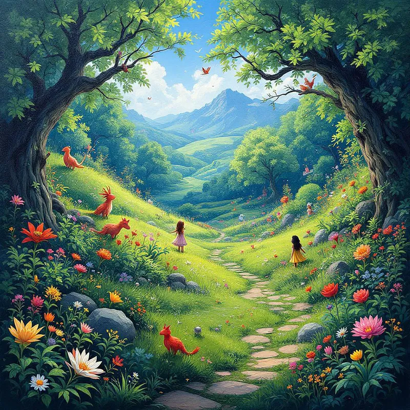 AI oil painting of a whimsical fairytale landscape