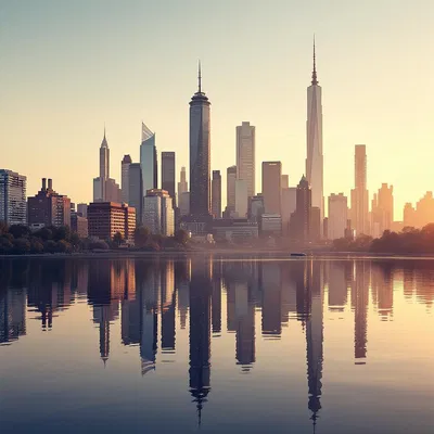 City skyline reflected in water at dawn.