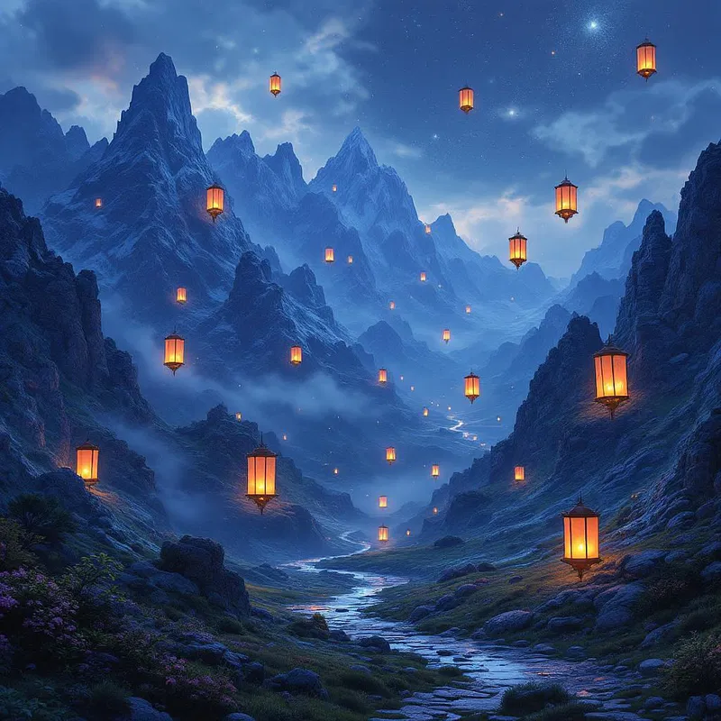 AI-crafted fantasy mountain range with floating lanterns.