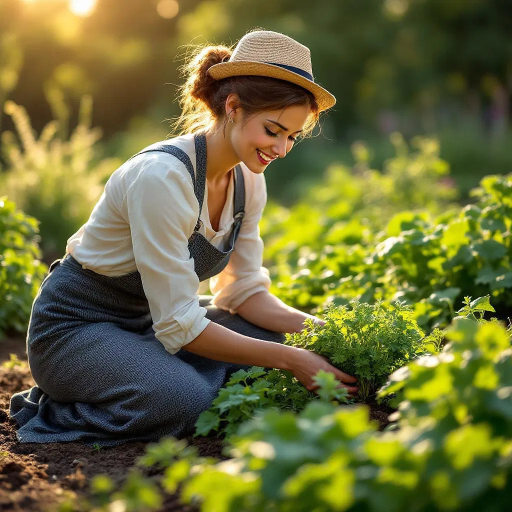 Tradwife tending a vegetable garden