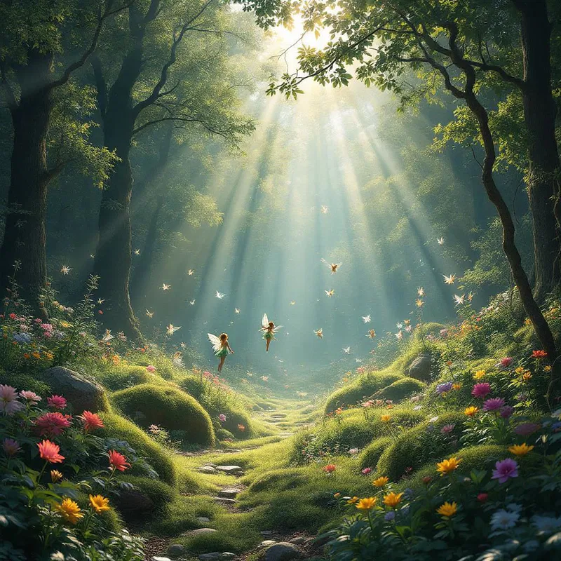 Magical forest clearing with rays of sunshine and fairies.