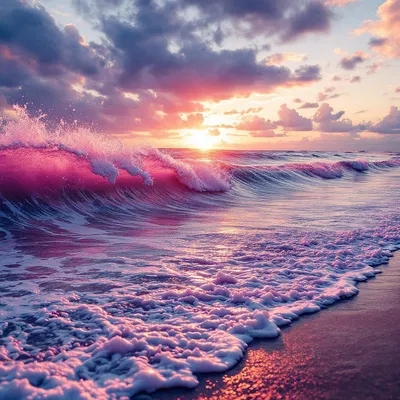 Vibrant pink fever ocean waves at sunset.