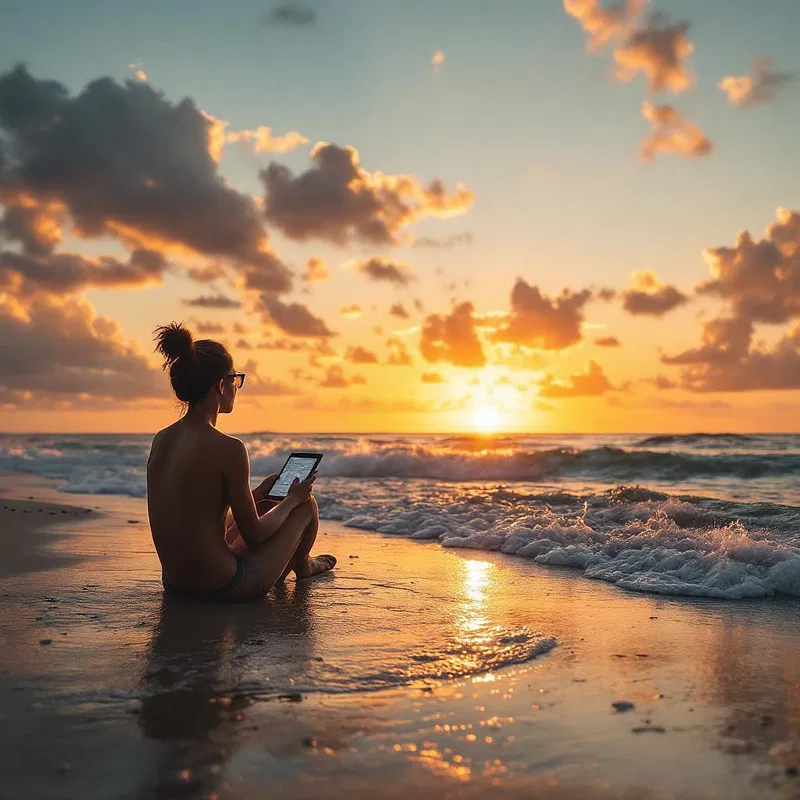 Digital nomad enjoying a sunset at a remote beach