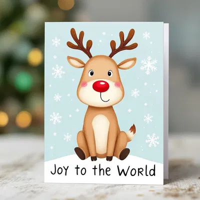 Cute Christmas card with cartoon reindeer and festive text.