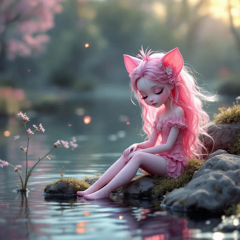 Whimsical pink doll by the lake