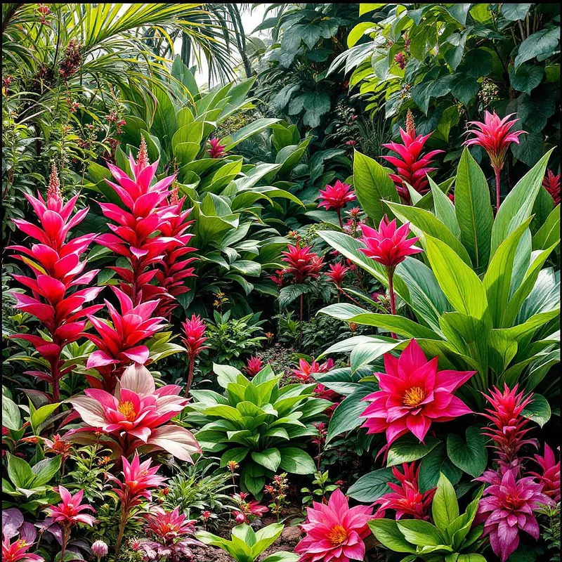 Lush pink fever garden with exotic plants.