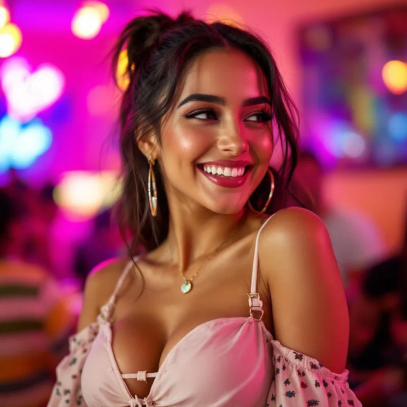 Gorgeous Latina in playful, stylish attire smiling