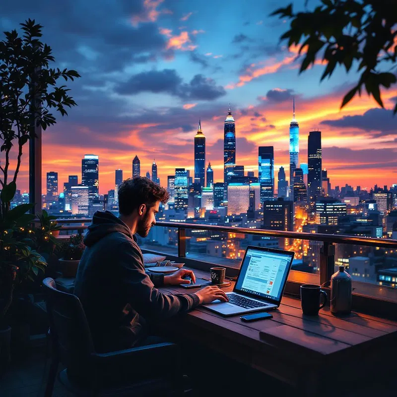 Cityscape with a digital nomad working in a rooftop cafe