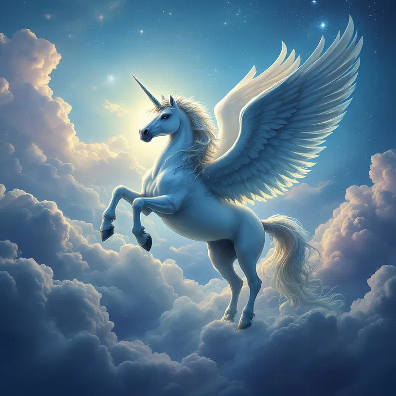 A unicorn with wings gliding above the clouds, touched by moonlight.