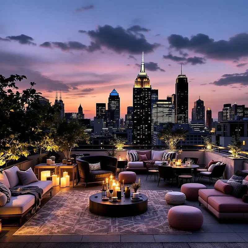 Urban rooftop birthday party with city skyline