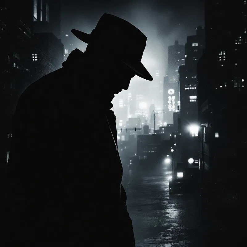 Crime novel cover with a detective silhouette and city lights