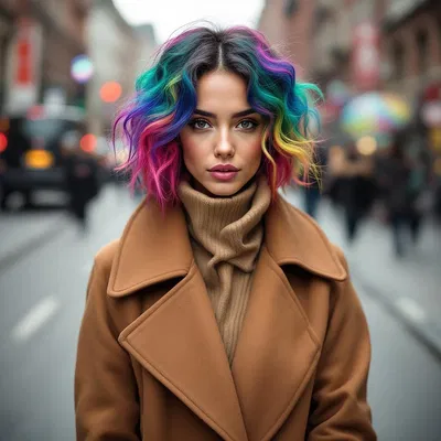 Street style portrait of a woman with colorful hair and stylish oversized coat