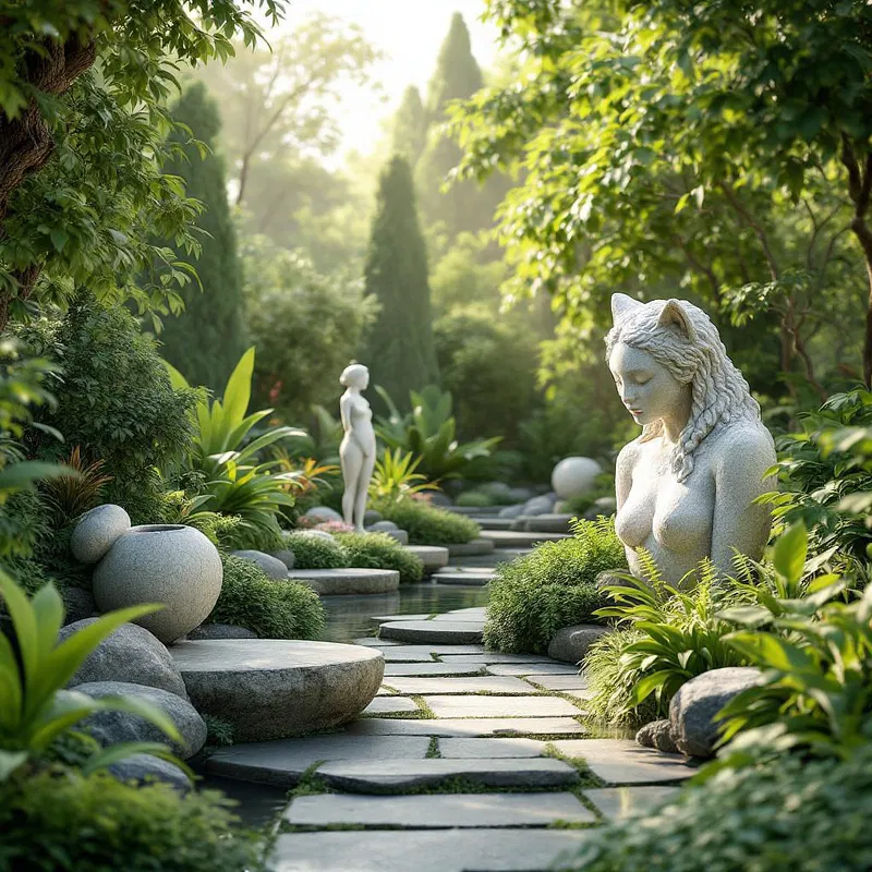 3D rendering of botanical garden with sculptures