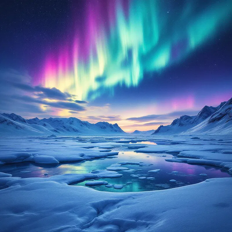 A frozen tundra beneath the auroras