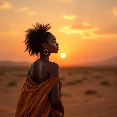 African woman in serene desert landscape