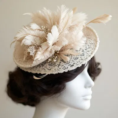 Old-money inspired women's hat with lace and feathers