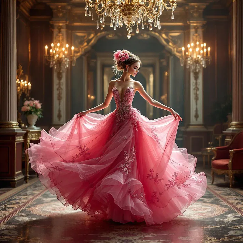 Elegant pink doll in a ballroom