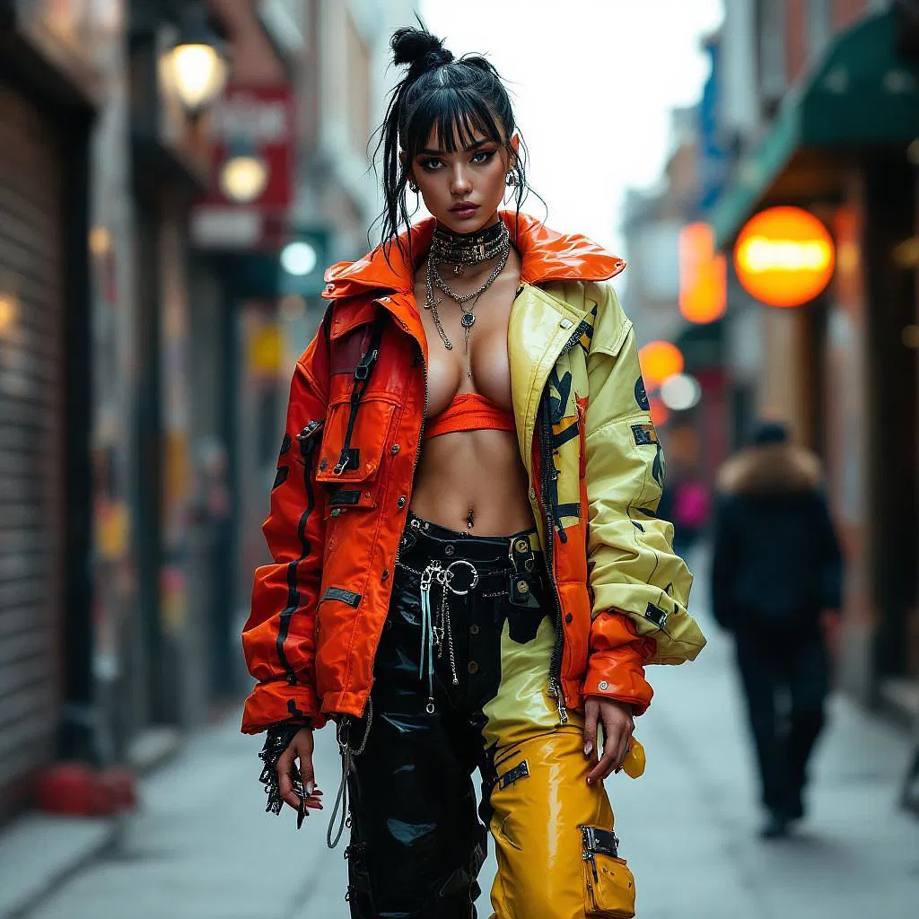 Fashion influencer styling cyberpunk outfits.