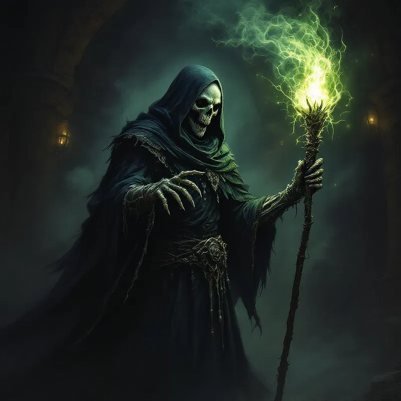 Intriguing necromancer with glowing staff