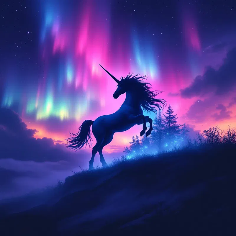 A silhouette of a unicorn against a spectacular aurora borealis.